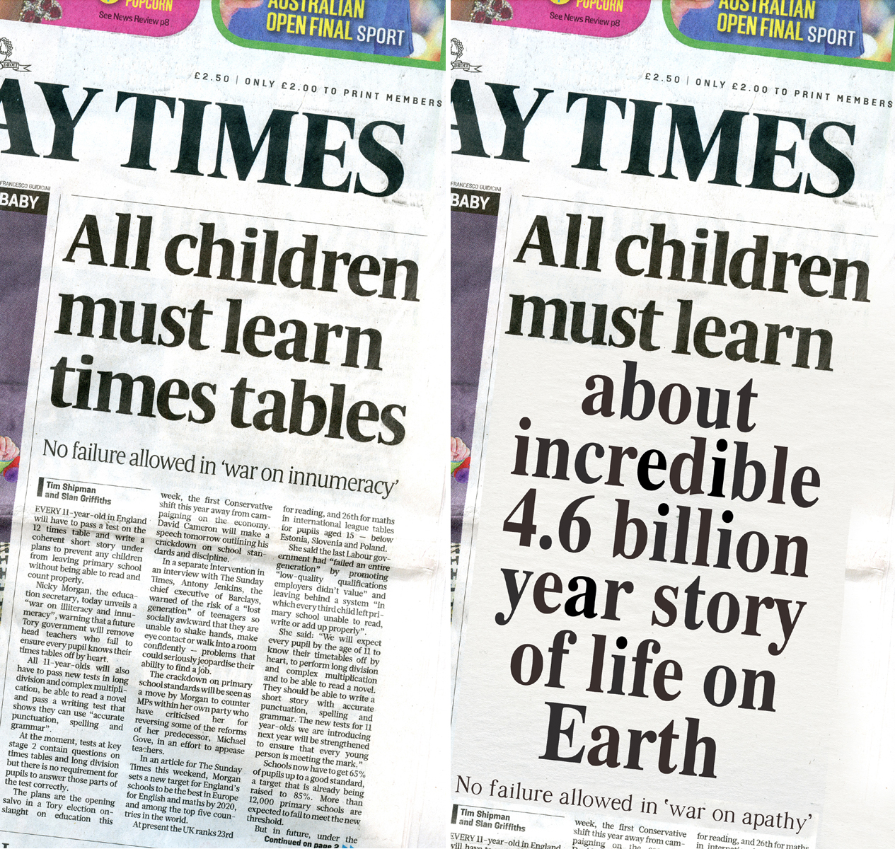 A Sunday Times headline: as it was (left) and as it could be (right)